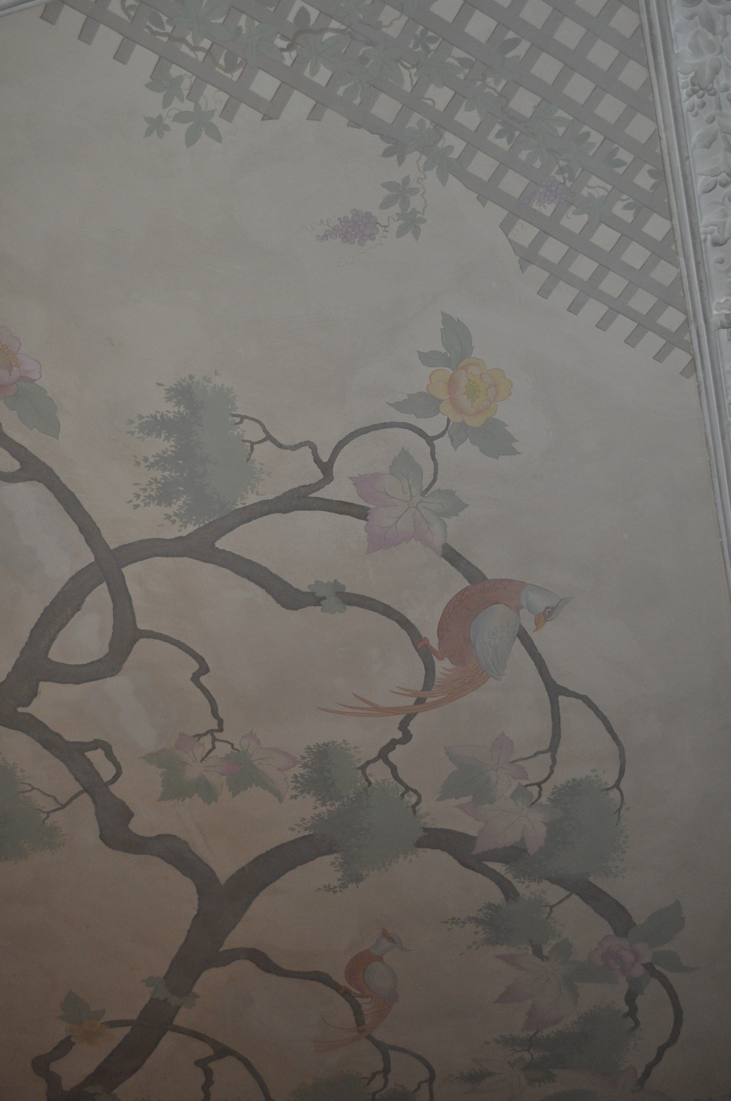 Close-up detail of pheasant and flowering branches in chinoiserie ceiling mural