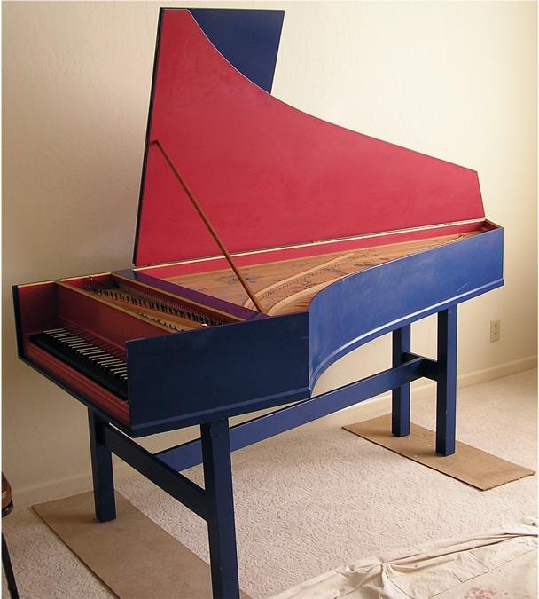 The anonymous kit harpsichord in its original blue and red state before decoration