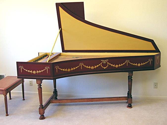 Anonymous kit harpsichord — side view showing the decorated case