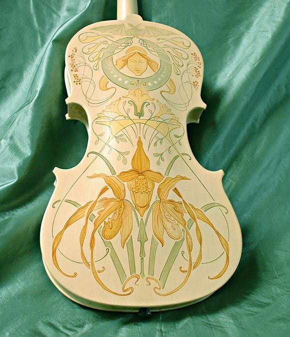 Jugendstil violin — back view with lady's-slipper orchid decoration