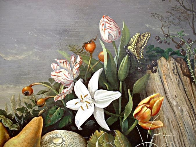 Detail of flowers, butterfly, and botanical specimens in Forest Still Life