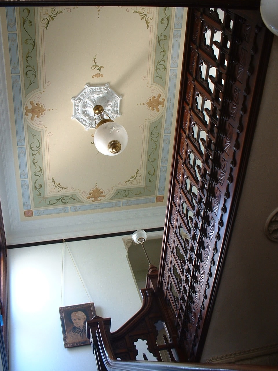 Detail of scrolling foliage and classical ornament, Victorian hall ceiling mural