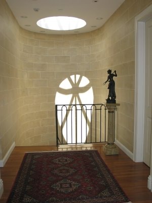Detail of faux limestone stonework showing painted joints and surface texture
