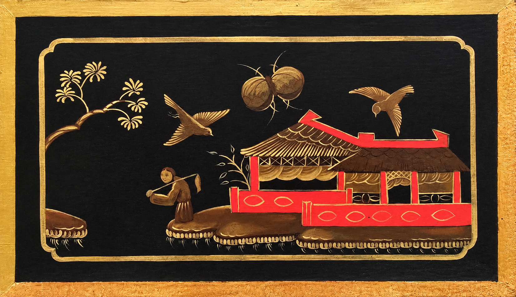 Barcelona Zell harpsichord — close-up of the black lacquer case apron with chinoiserie pagodas, cranes, and red-accented pavilions in gold
