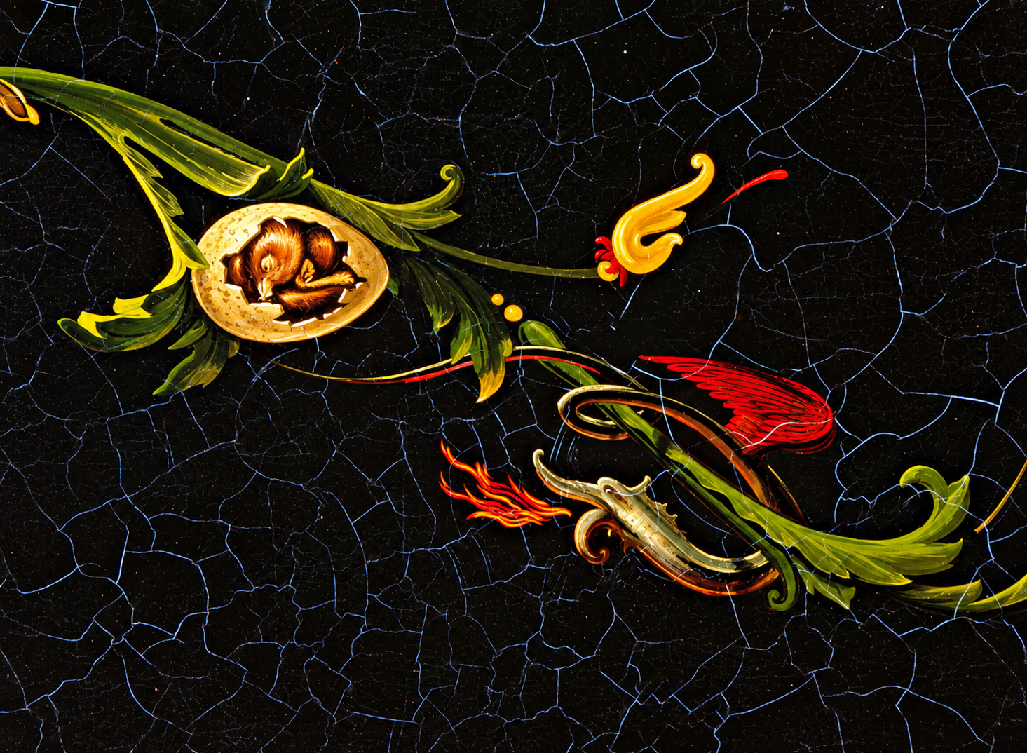 Detail of the Colmar Ruckers soundboard — hatching bird in egg and phoenix motifs amid acanthus scrolls