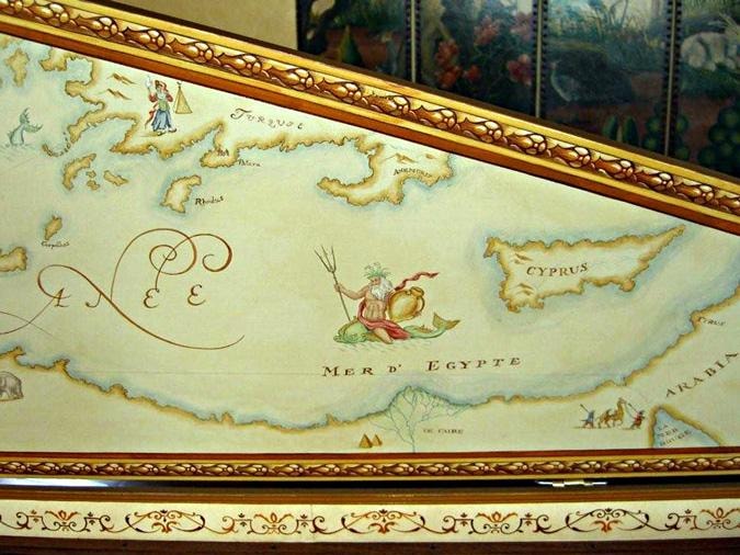 Map lid detail of the Donzelague harpsichord — Mediterranean sea with Neptune, Cyprus, and Mer d'Egypte in period cartographic style