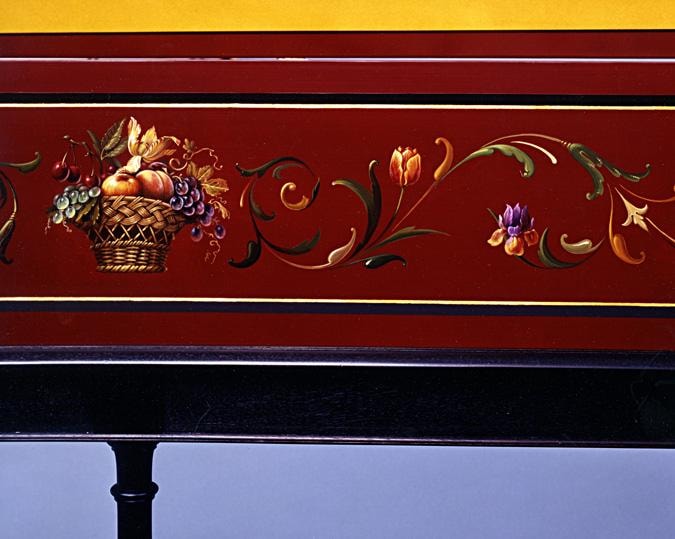 Bentside panel of the Dutch-inspired Colmar Ruckers — fruit basket with tulips, grapes, and scrollwork on a dark ground
