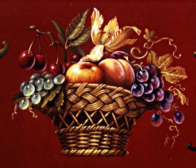 Close-up of the fruit basket painting on the Dutch-inspired Colmar Ruckers — grapes, peaches, and foliage in Dutch still-life style