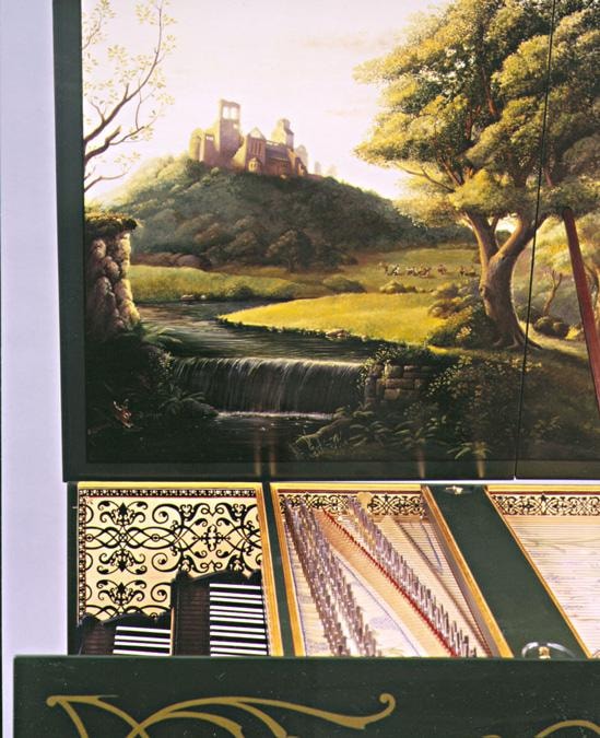 Interior detail of the Colmar Ruckers with Fantasy Landscape — hand-carved block-printed papers lining the case