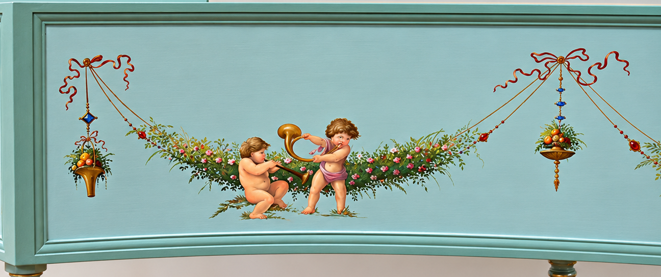 Detail of the Owen Daly Italian harpsichord — putti and garland painting on the case