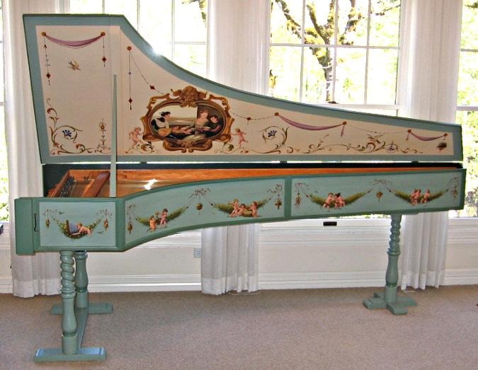 Italian-style harpsichord made by Owen Daly, Salem Oregon 2006 — sage green case with putti and garland painting